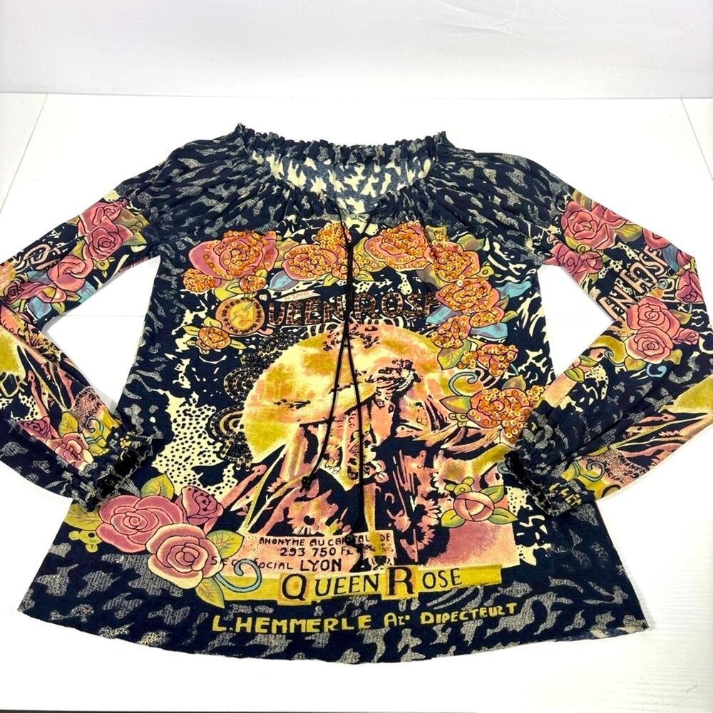 Artistic Long Sleeve Cotton Multicolor Top Wild Design Sequins Size Large S0377